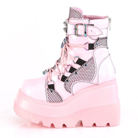 Shoes - Pink Holographic Platform Boots - Edgy Gothic Ankle Booties